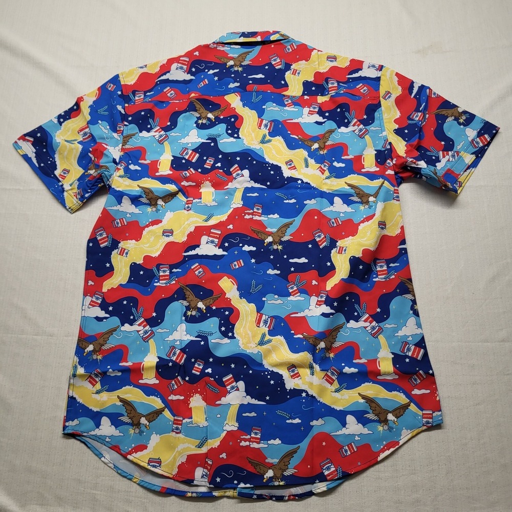 RSVLTS Button Down Shirt Mens Large Blue Budweiser Kunuflex Short Sleeve Stretch - Picture 11 of 11